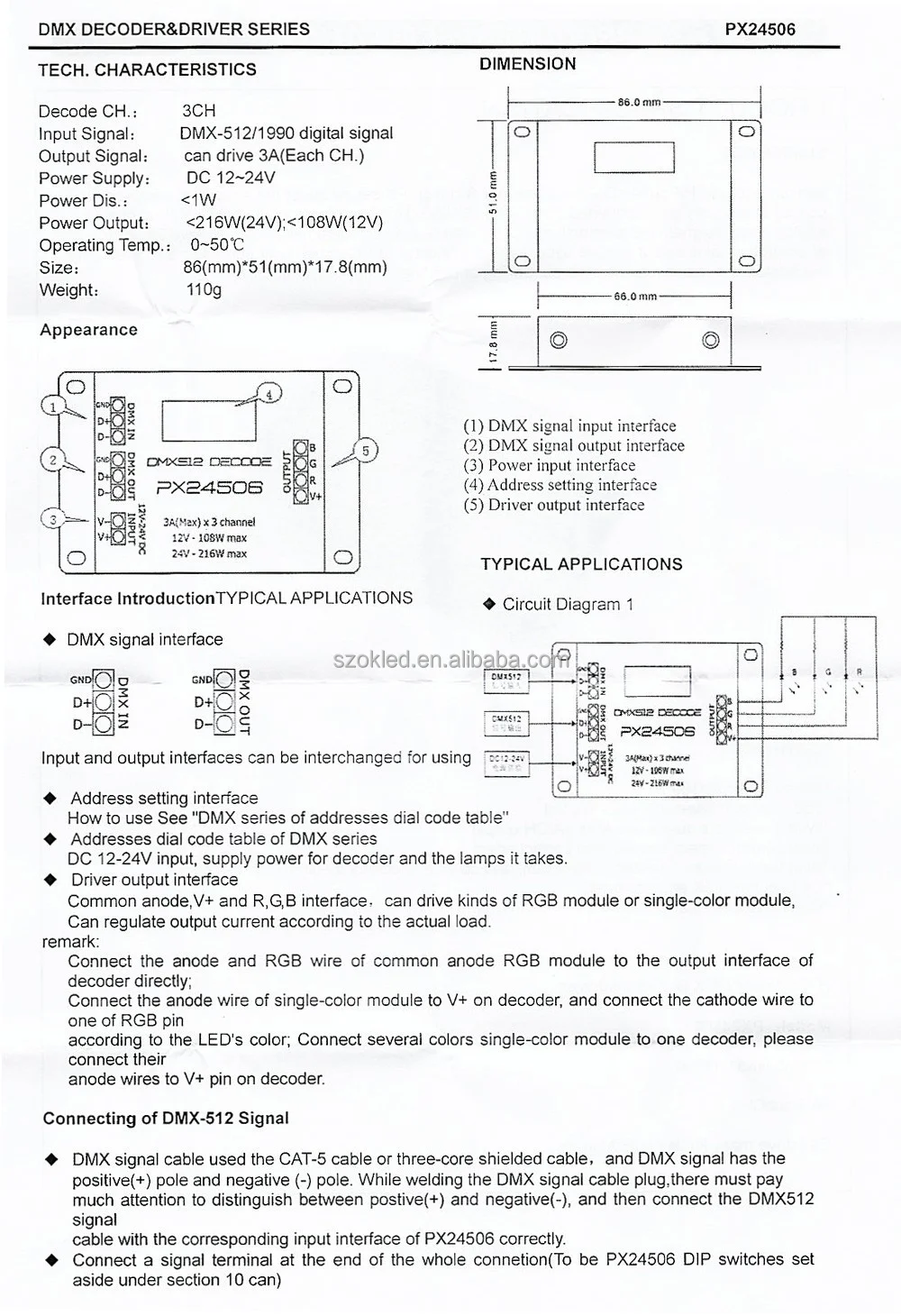 PX24506 DMX512 Decoder Driver 9A DMX 512 Amplifier Controller DC12V 24V RGB LED Strip Light Tape LED Lamp Module
