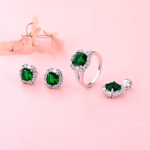 925 Sterling Silver Green Simulated Gemstone Set Ring Pendant Earrings Trio Rhodium Plated Matching Jewelry Gift Set