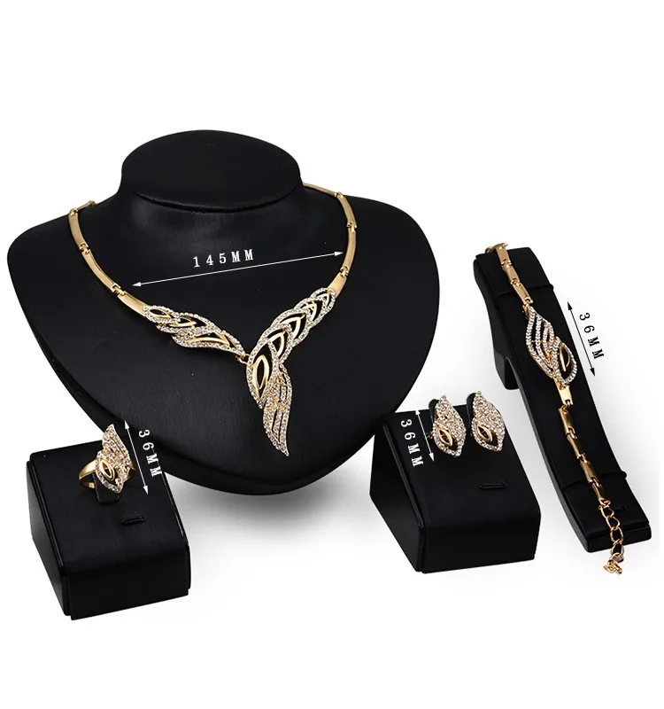 Women Gold Plated African Wedding Necklace Bracelet Earring Ring Jewelry Sets