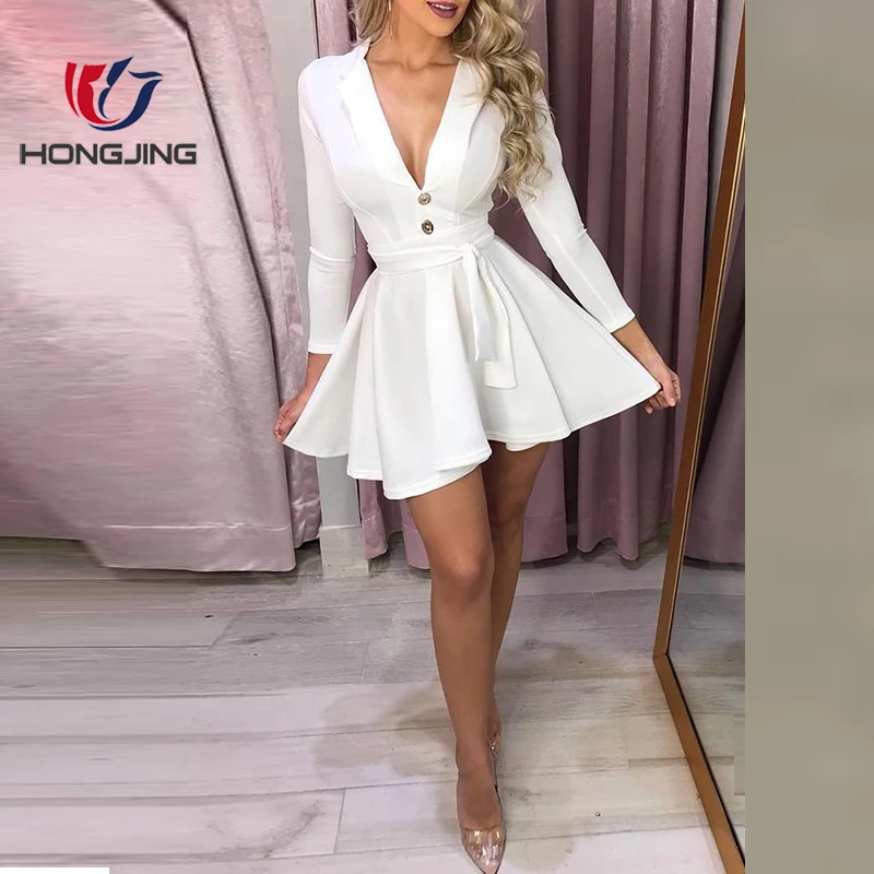 Women Polyester White Long Sleeve Button Design Self Belted Dress A-line Mini  Dress Long Sleeves Night Club Sexy Cocktail Prom - Buy Lady Casual V-neck  Front Button And Belt Closure A-line Knee