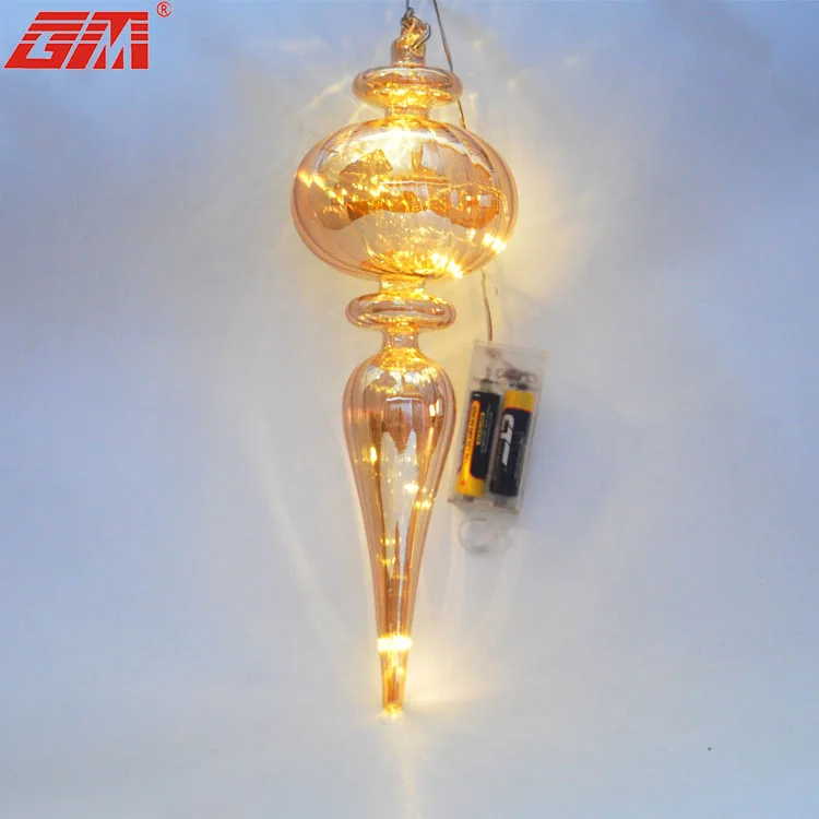 Christmas Tree Hanging Ornament Antiqued Gold Glass Drop Ornament With LED light Colored Matte Glass Christmas Finial Ornament details