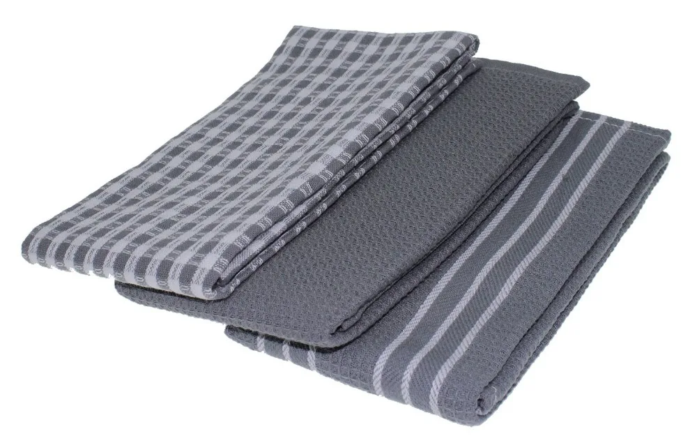 100 Cotton Gray And White Kitchen Tea Towel Dish Towel Set Of 3pcs