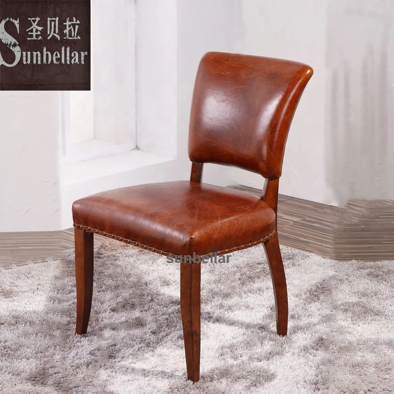 Wholesale Vintage Genuine Leather Distressed Brown Wooden Dining Chair Antique Brown Leather Chairs for Dining Room