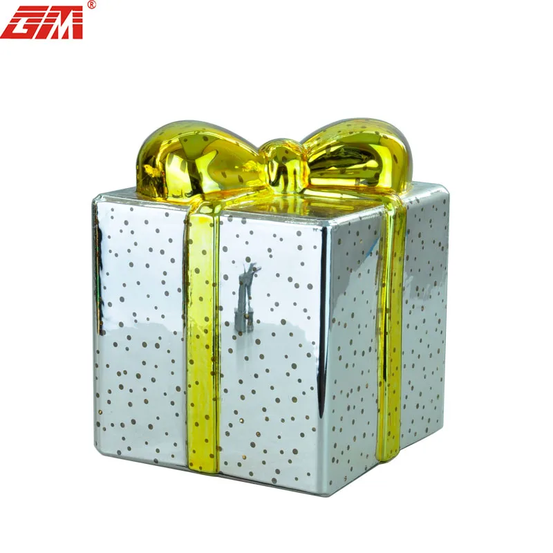 Popular led lighted glass gift box of christmas ornaments shaped ornaments christmas present decorations supplier