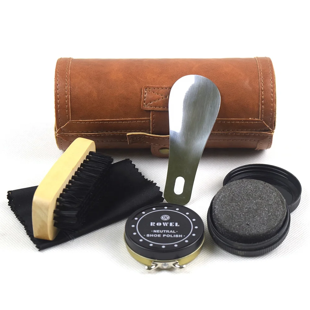 Deluxe Portable Shoe Care Shine Kit With Brown PU Leather Case
