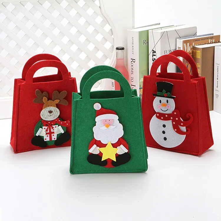 35cm Christmas Felt Bag Green With Santa Merry Christmas Design C DP47 