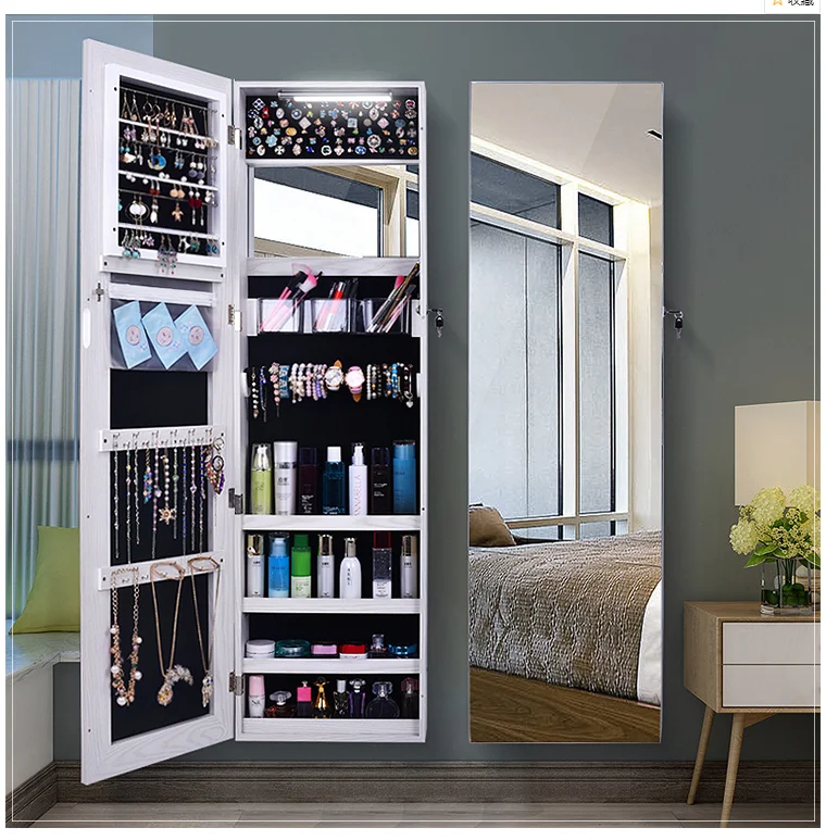 Jewelry Cabinet Box Wall Mount Lockable Touch Screen Light Built-in Zipper  Pocket Inside Full-length Makeup Dressing Mirror Led