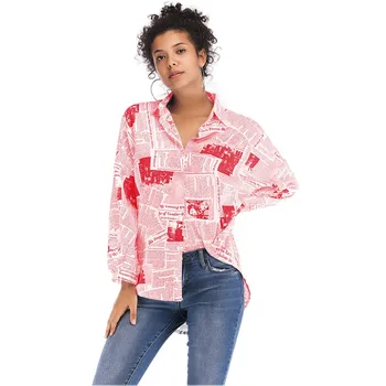 Fashion Newspaper Print Blouse Shirt Long Sleeve Button Casual Women Clothing Spring Summer Black Red Blue Ladies Tops E5889