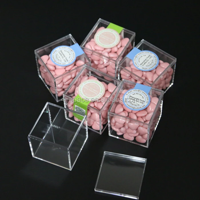 Clear Cube Shaped Box with Hinged Lid and Personalized Label Crystal Clear Acrylic Favor Box