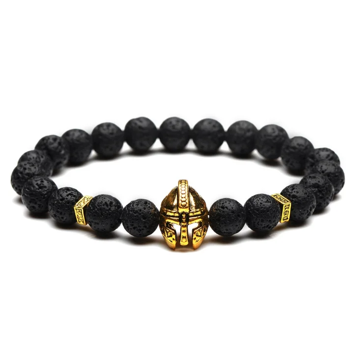 Men’s Natural Lava Stone Silver Spartan Helmet Bracelet 8mm Beaded Stretchable Charm Bracelet
