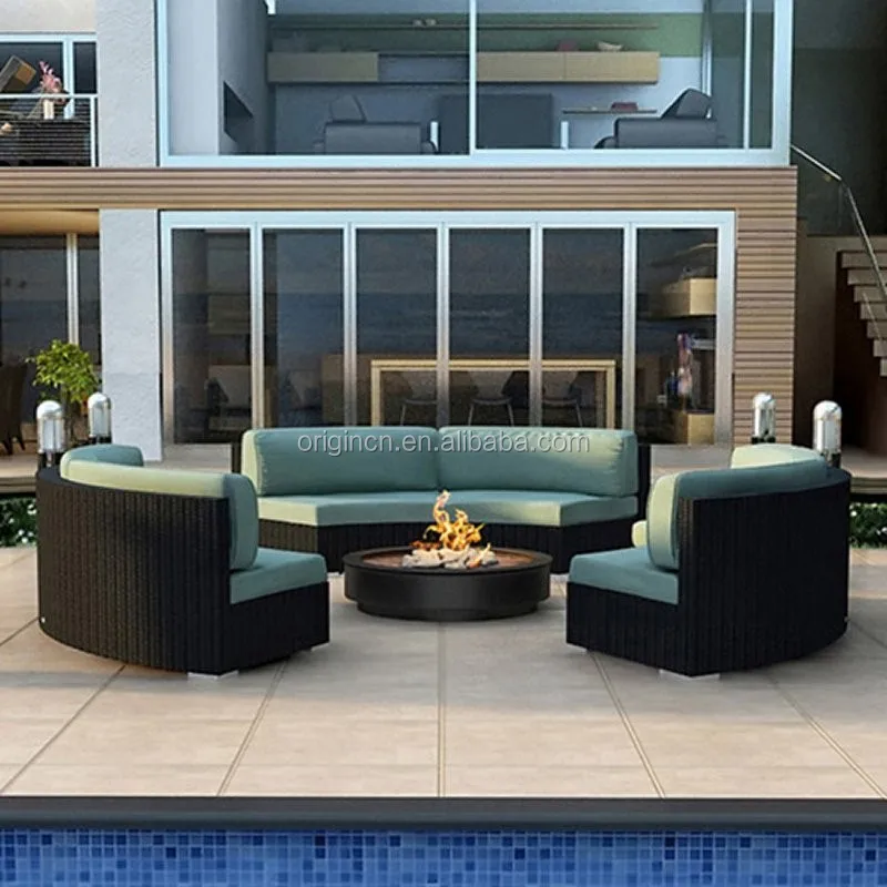 Luxury Design 3 Pcs Armless Curved Sofa Garden Bench Outdoor Furniture Rattan Round Sectional Sofas