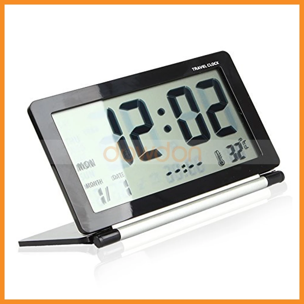 Orange Foldable Alarm Clock Portable Ultra Slim Design Travel Tabletop Digital Alarm Clock with Temperature Calendar Date Week 