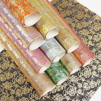 54 inch (1.37 m)Gold flowers printed glitter fabric pu leather for hair bow