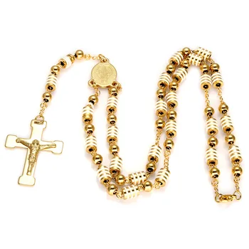 18K Gold Plating Religious fashion Stainless Steel Cross Beaded Chain Rosary Necklace
