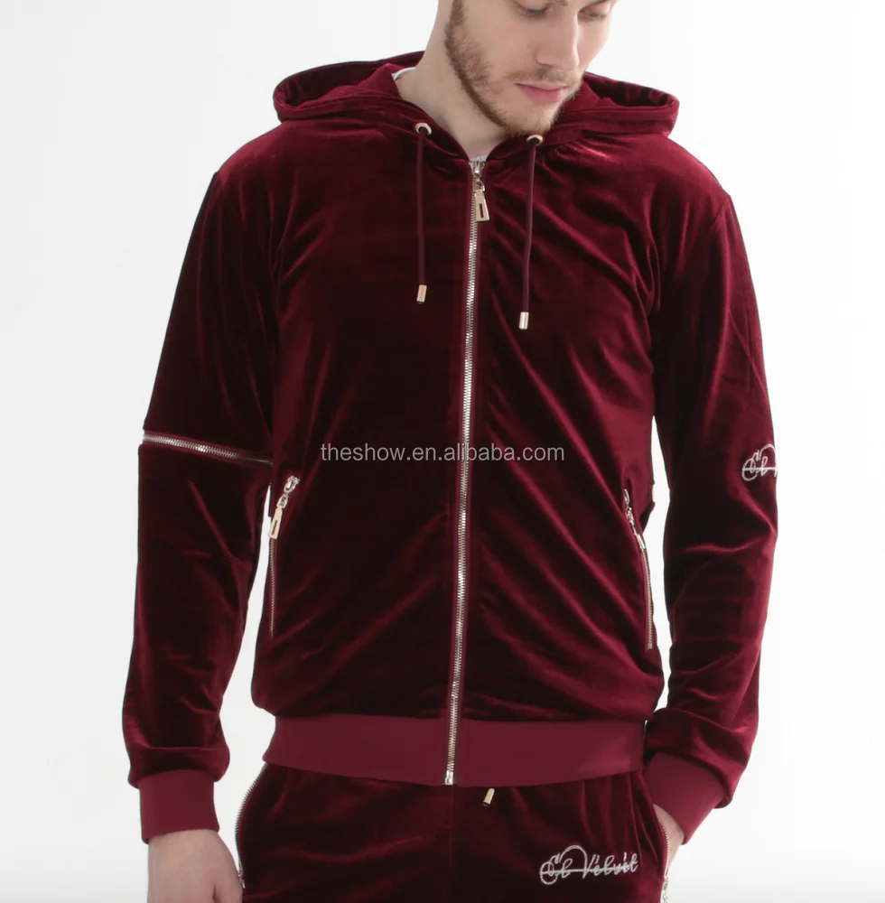 Stylish Men Official Custom Velour Tracksuits Blank Wholesale Clothing  Custom Zip up Men's Red Burgundy Velvet Tracksuits
