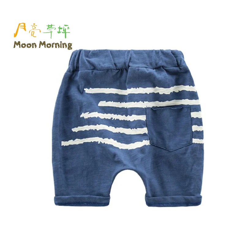 Moon Morning Boys Shorts Cotton Wave Print Regular Blue Sea Pant Beach Summer Causal Elastic Waist