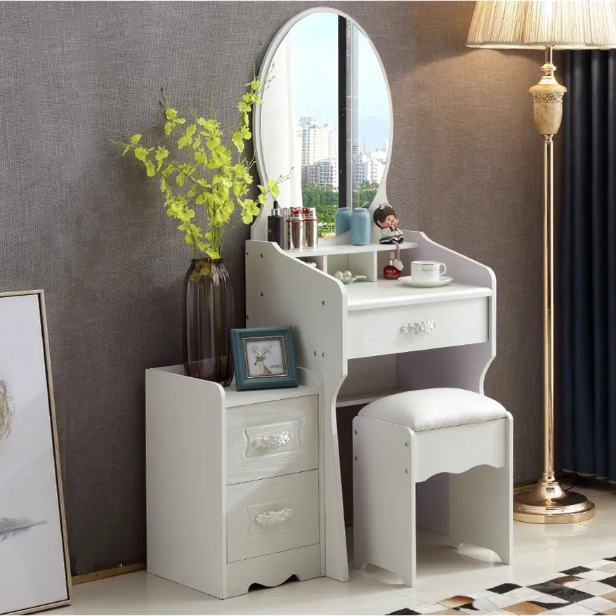Korean Style White Mirrored Wood Dressing Table with Drawer Cabinet Set Korean Style White Mirrored Wood Dressing Table with Drawer Cabinet Set