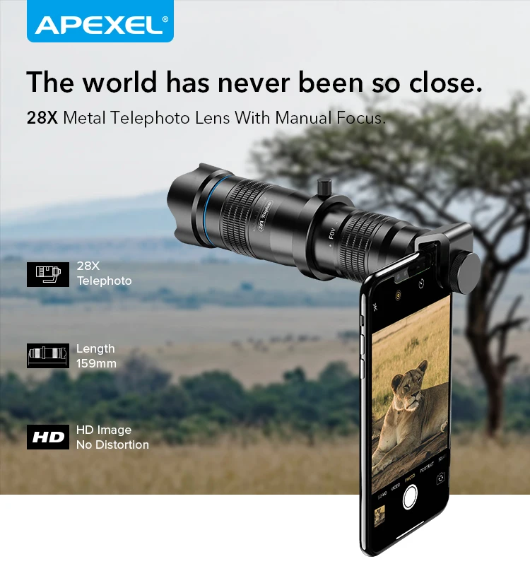 Apexel Universal 28X Mobile Phone Telescope Lens Telephoto HD Phone Lens Camera External Lens