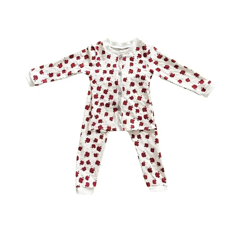 Оптовая продажа, хлопковые пижамы для мальчиков с длинным рукавом и принтом яблока, детские пижамы оптом для маленьких мальчиков, 2 шт.