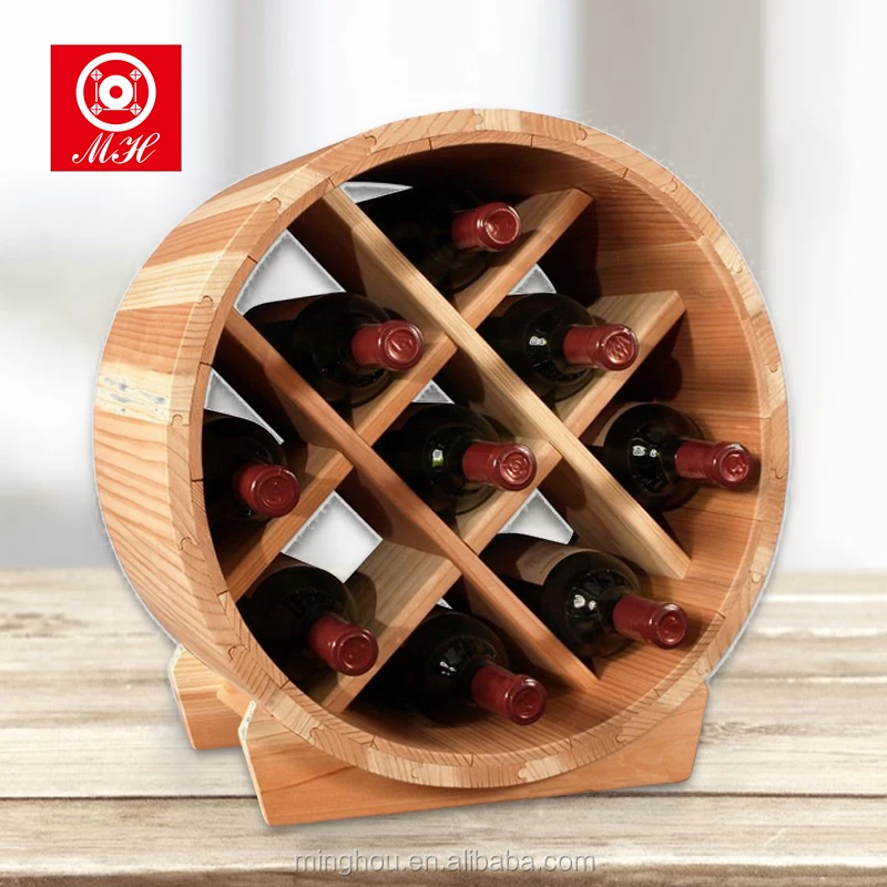 Wooden Barrel Wine Rack Free Standing Wine Display Rack Round Wine Bottle  Holder