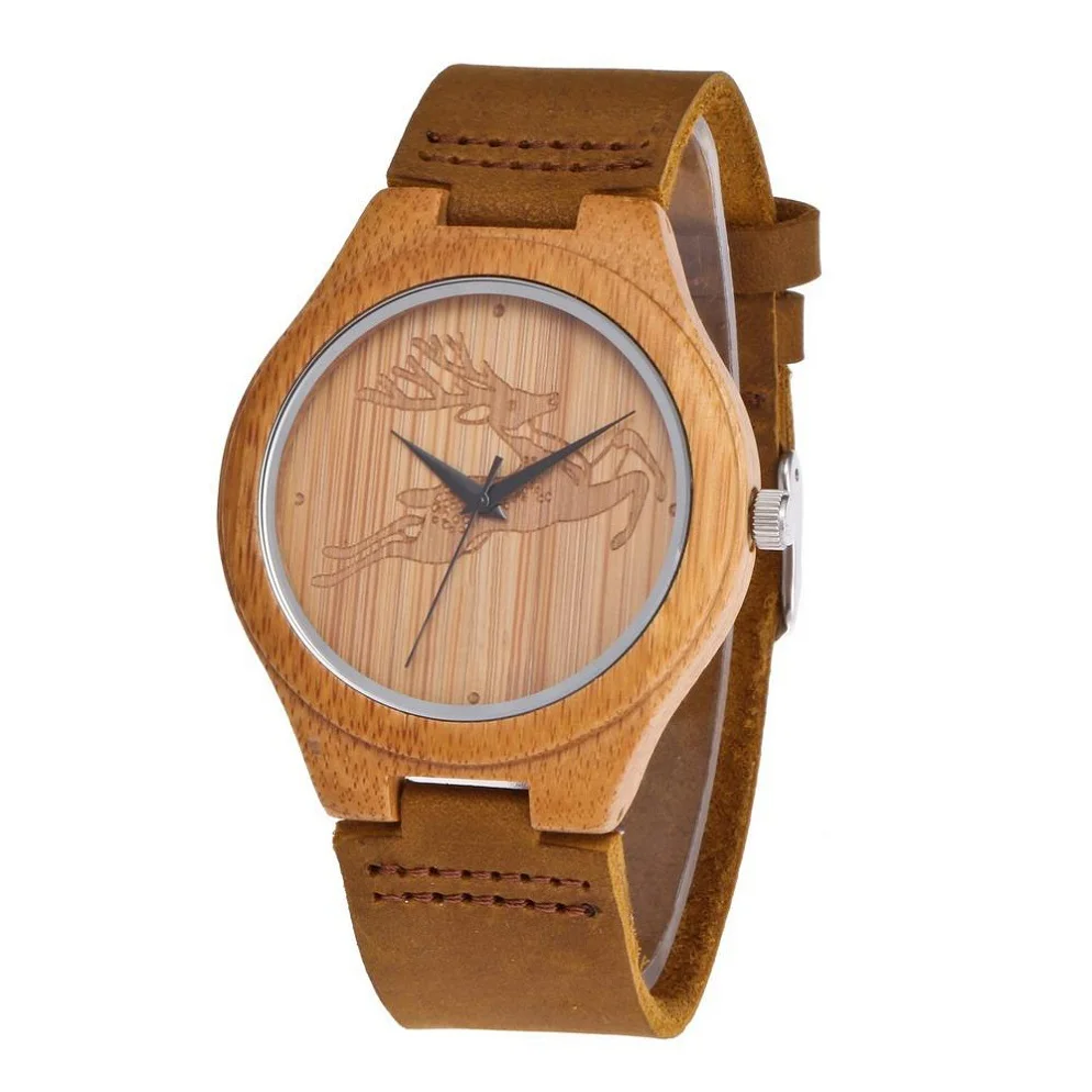 Natural bamboo wood watch with a deer engraved