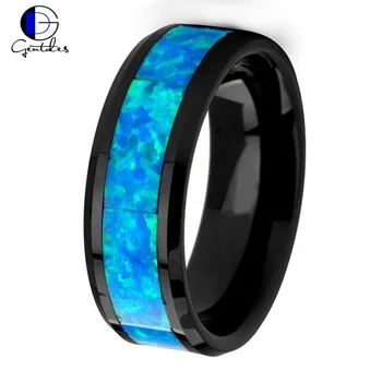 Gentdes Jewelry Black Ceramic Ring with Blue Green Opal Inlay 6 mm