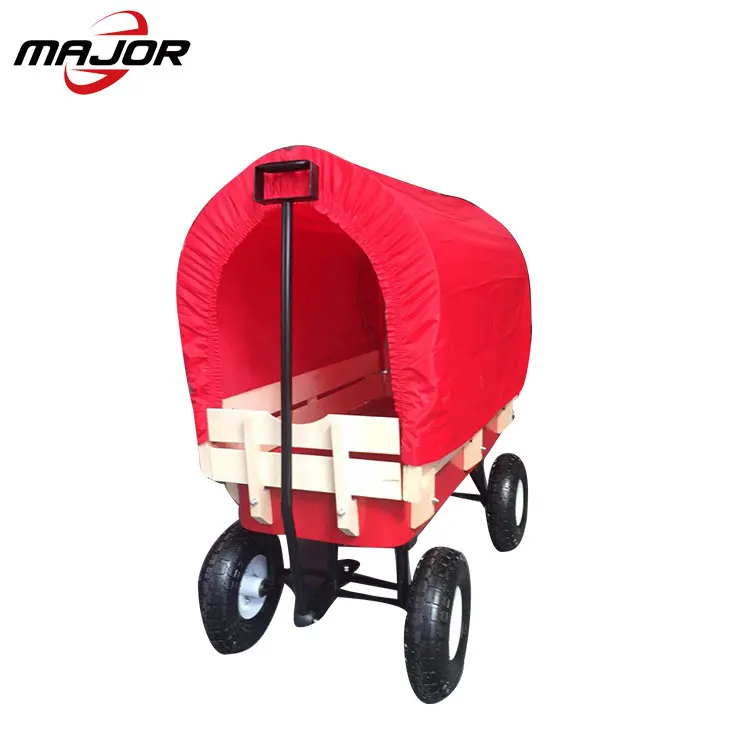Red Outdoor Wagon ALL Terrain Pulling Children Kid Garden Cart Wood Railing Baby Wagon Tool Cart