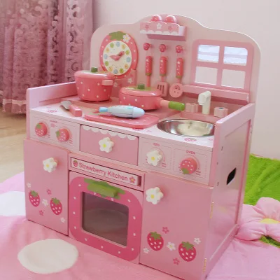 Japanese Strawberry Kids Large Girls Wooden Kitchen Toy Play Kitchen Set  Toys WKT26-A