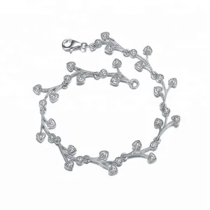 Keiyue Silver Italian Jewellery Bracelet with Cubic Zirconia Heart Leaf Link Design for Gift or Party Accessory for Girls