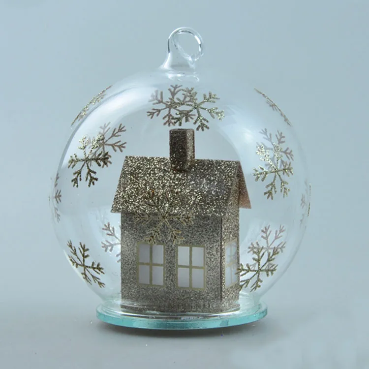 led 80mm glass ball Christmas scene wholesale lighted snowflake glass ball globe handmade Xmas hanging ornaments gift for sale factory