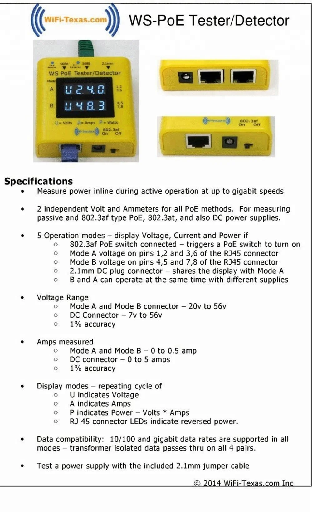 Встроенный тестер для power over ethernet, дисплей от 20 в до 56 в, активное использование питания в 802.3af/at Пассивный PoE при 10/10/1000 данных