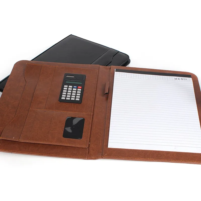 Promotional PU Leather File Folder Custom Logo Padfolio Notepad With Calculator