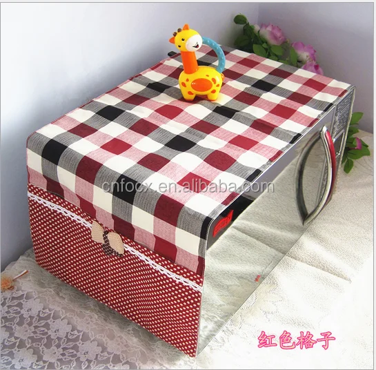 Plaid Pattern Microwave Oven Cover, Pom Pom Decor Microwave Oven Top Cover  With Pocket For Home