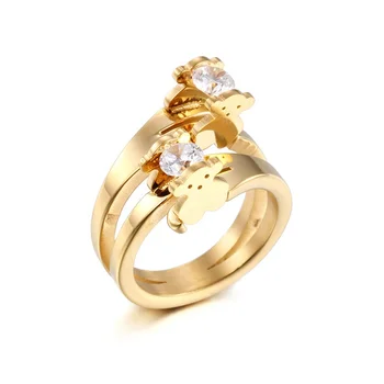 Stylish Bear Double Rings Design Fine Quality Two Stone 14k Gold Cubic Zirconia Rings