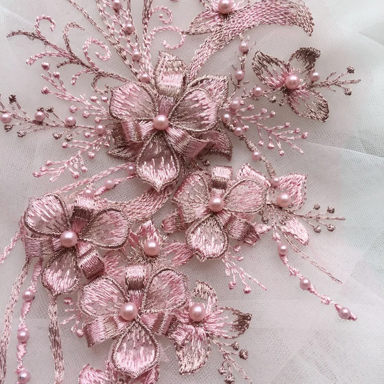DIY Prom Dress Patch Flower Lace Patch Embroidery Tulle Lace 7 Colors Elegant Floral Lace Applique 3D Beaded Lace Applique By The Piece
