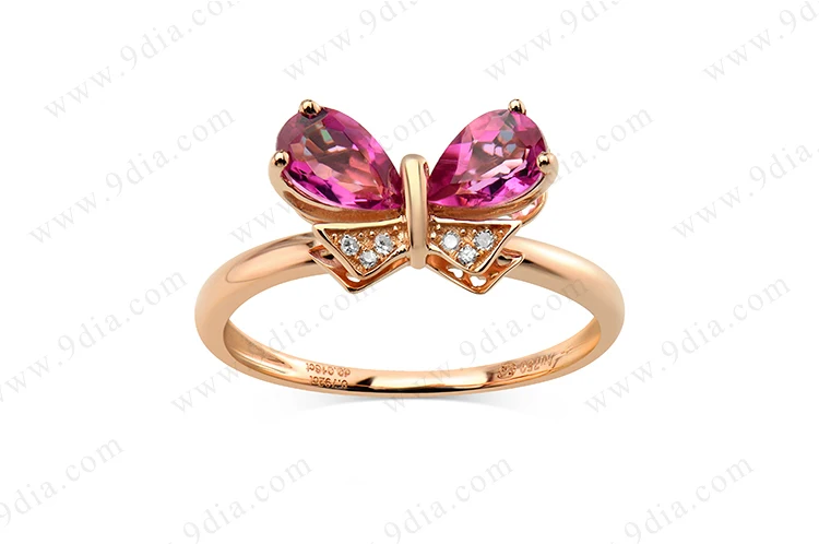 Best Selling AAA Quality Butterfly Tourmaline Pear Cut Diamond 14K Yellow Gold Gemstone Ring for Wedding & Anniversary