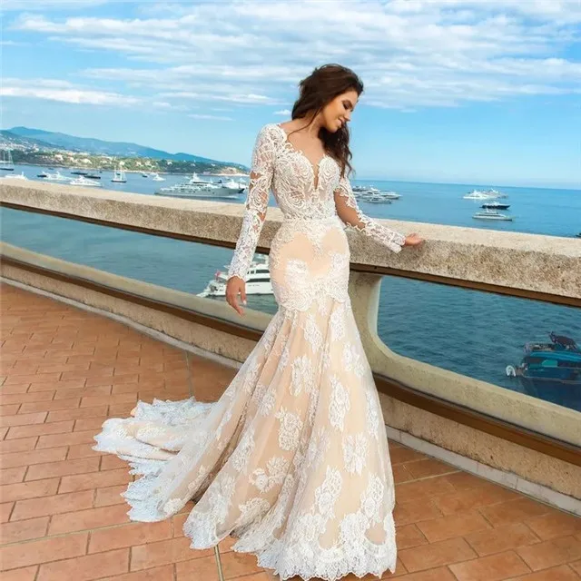 champagne lace mermaid wedding dress