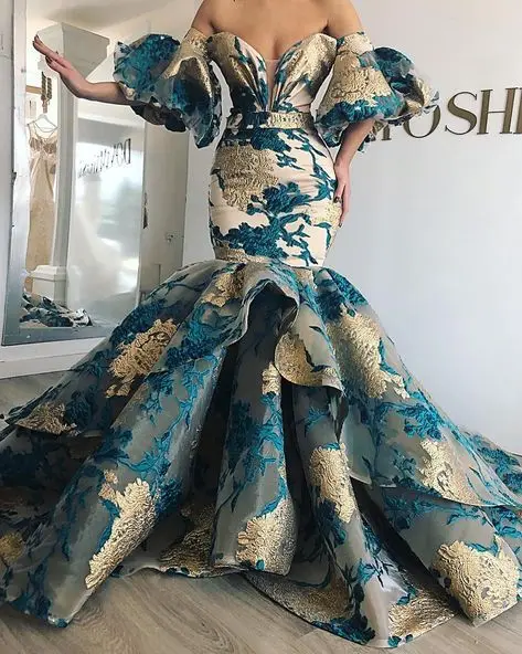 Latest Style Custom Design Printing Golden Organza Fabric Appliques Mermaid Wedding Dress 2025 WF901