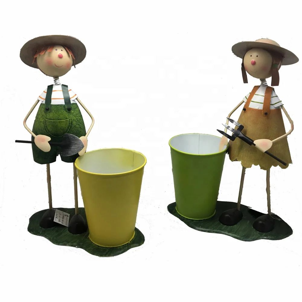 metal boy and girl Flower Planter Pot with bucket