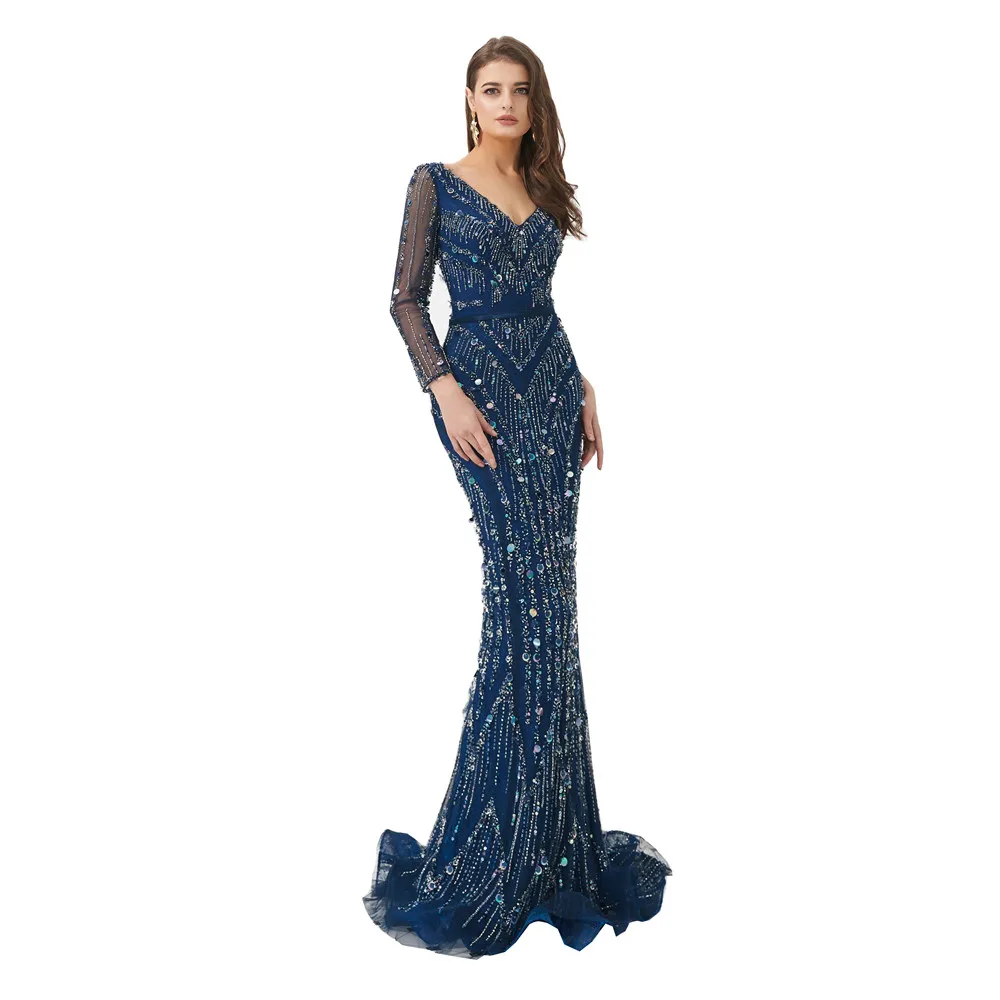 2023 Robe De Soiree Mermaid Prom Dress Black Sliver Party Dress Long  Evening Dress Plus Size Party Gown Long Sleeve Prom Gowns