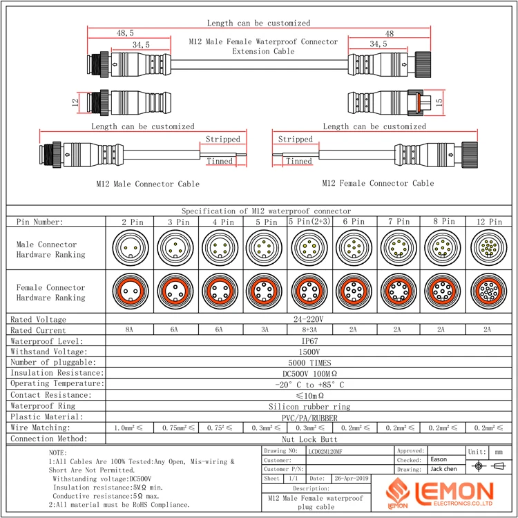 20AWG IP67 IP68 M12 M16 Waterproof Power Cable Male Female 2pin 3pin 4pin 5pin 6pin Electrical Connector IP67/IP68 Certified插图8