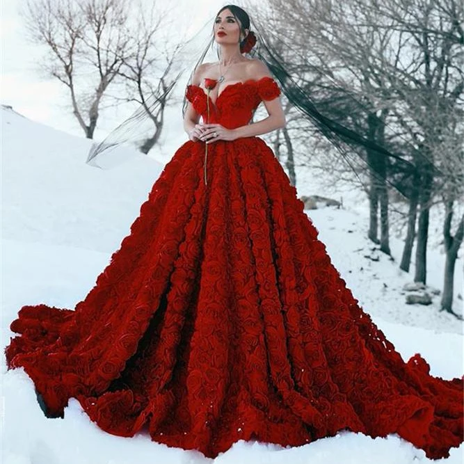 lighed digtere Vejrudsigt Wholesale Latest Luxury Floral Red Wedding Dress Plunging Neckline Through  Puffy Bridal Gown With Black Veil Handmade Rose wedding gown From  m.alibaba.com