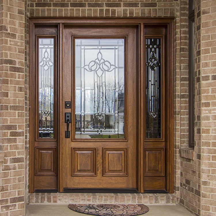 Prettywood Traditional Exterior Single French Style Designs Solid Wooden Home Front Door With Sidelites