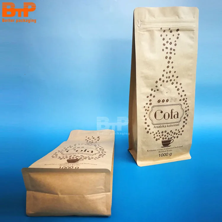 1KG Custom Heat Seal Aluminum Foil Lined Kraft Paper Side Gusset Coffee Bean Packaging Bag with Aroma Valve and Zipper China Fac