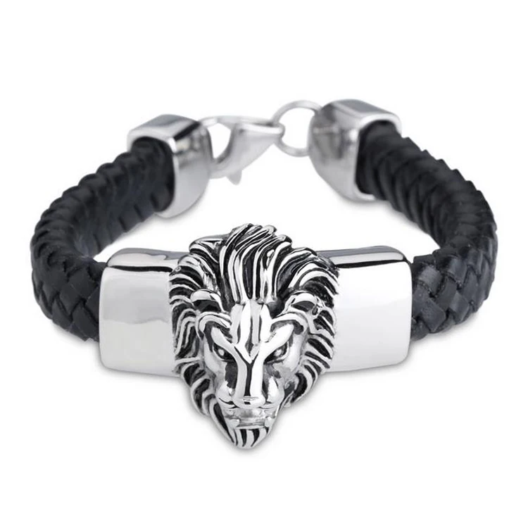 Lion Silver Mens Leather Bracelet
