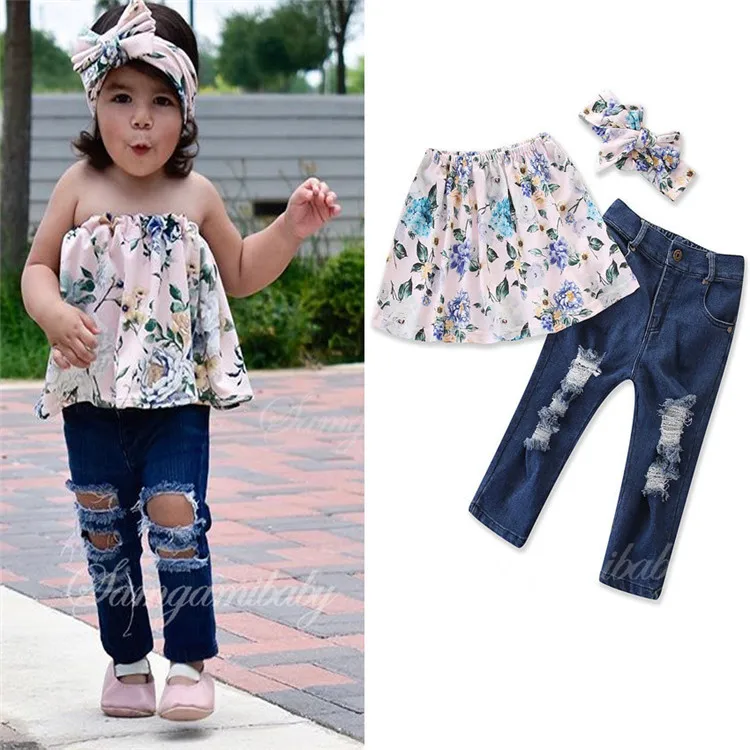 2pcs Kids Baby Girls Fashion Suit Off Shoulder Blouse+Floral Pants Set Clothes