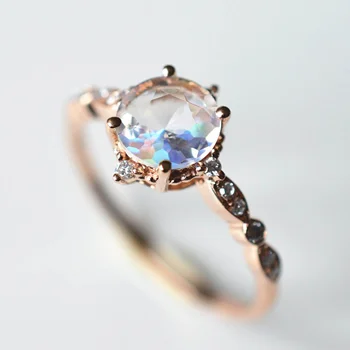 925 Sterling Silver Round shape 8mm Rainbow Moonstone Engagement Ring Rose Gold Moonstone Ring
