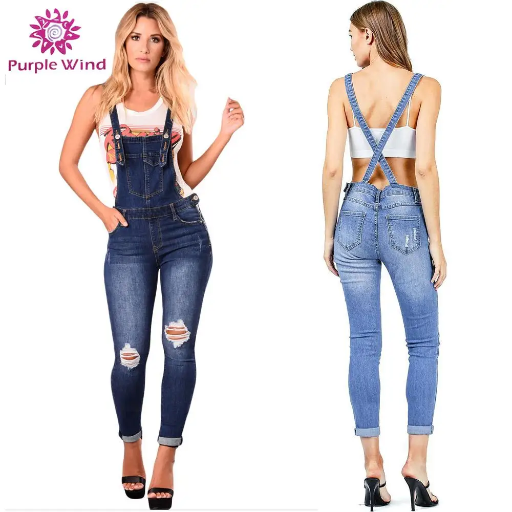 Ladies Denim Gina Dungarees Long Slim Fit Ripped Stretch Wash Jeans Jumpsuit 