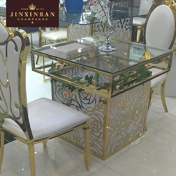 square glass top metal gold dining table for wedding banquet color change stainless steel base frame dining table