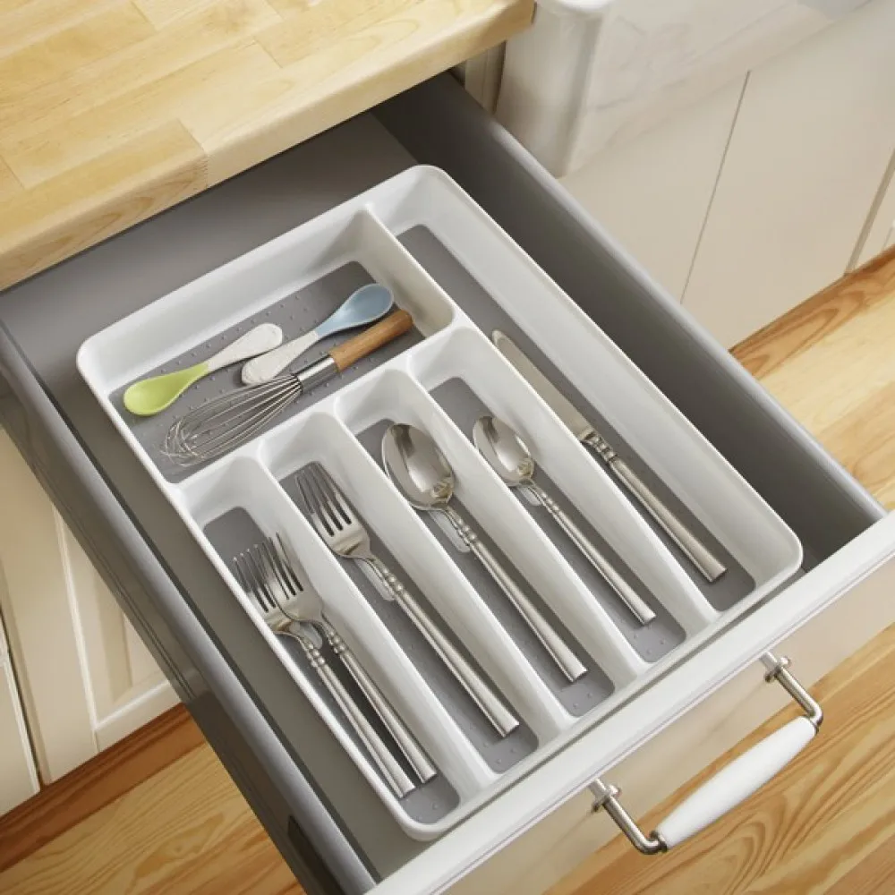 Plastic Nonslip Silicone  Cutlery Tray 6 Compartment for Kitchen Drawer Organizer